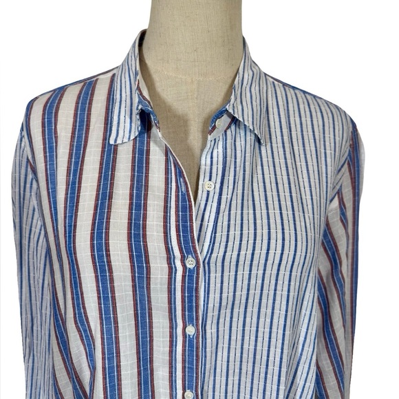 Xirena Beau Boyfriend Button Down Shirt in Tide Blue Stripes Pattern Mixing - Picture 7 of 13